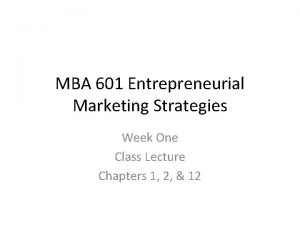 MBA 601 Entrepreneurial Marketing Strategies Week One Class