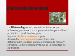 Biotecnologa vegetal La Biotecnologa es el conjunto de
