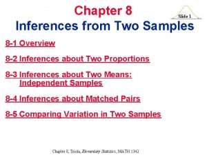 Chapter 8 Inferences from Two Samples Slide 1