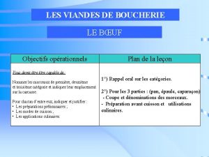 LES VIANDES DE BOUCHERIE LE BUF Objectifs oprationnels