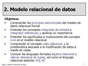 2 Modelo relacional de datos Objetivos Comprender los