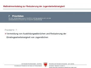 Manahmenkatalog zur Reduzierung der Jugendarbeitslosigkeit 7 Prioritten Von