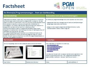 Factsheet De Slimmere Programmamanager Doet aan dashboarding Kernboodschap