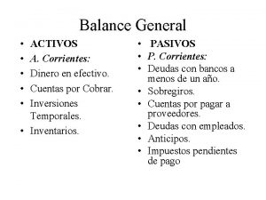 Balance General ACTIVOS A Corrientes Dinero en efectivo
