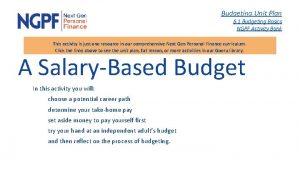 Budgeting Unit Plan 6 1 Budgeting Basics NGPF