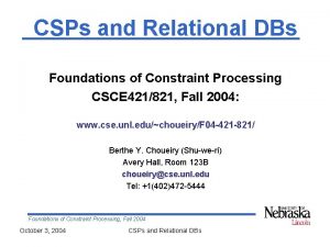 CSPs and Relational DBs Foundations of Constraint Processing