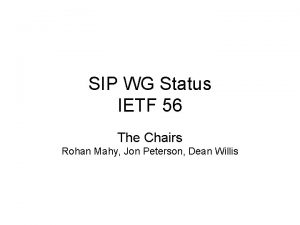 SIP WG Status IETF 56 The Chairs Rohan