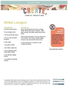 RECIPE CARD Skillet Lasagna Ingredients Directions lb lean