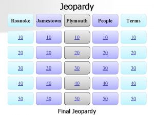 Jeopardy Roanoke Jamestown Plymouth People Terms 10 10