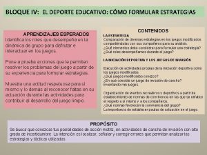 BLOQUE IV EL DEPORTE EDUCATIVO CMO FORMULAR ESTRATEGIAS