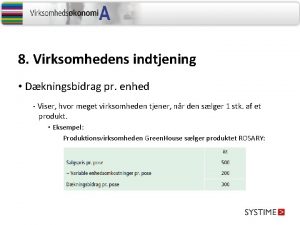 8 Virksomhedens indtjening Dkningsbidrag pr enhed Viser hvor