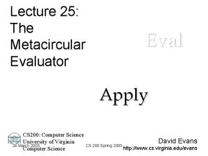 Lecture 25 The Metacircular Evaluator Eval Apply CS