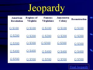 Jeopardy Regions of Virginia Famous Virginians Jamestown Reconstruction