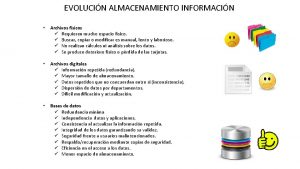 EVOLUCIN ALMACENAMIENTO INFORMACIN Archivos fsicos Requieren mucho espacio