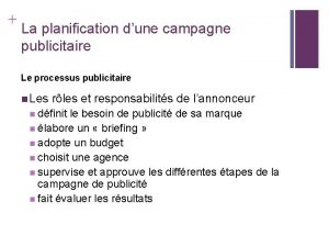 La planification dune campagne publicitaire Le processus publicitaire