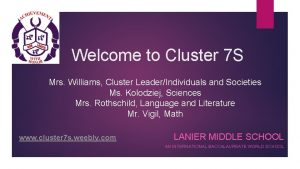 Welcome to Cluster 7 S Mrs Williams Cluster