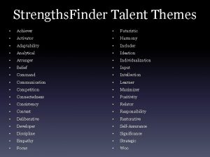 Strengths Finder Talent Themes Achiever Futuristic Activator Harmony