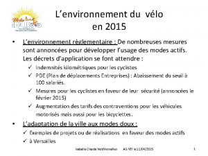 Lenvironnement du vlo en 2015 Lenvironnement rglementaire De