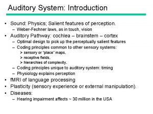 Auditory System Introduction Sound Physics Salient features of