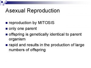 Asexual Reproduction reproduction by MITOSIS n only one