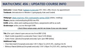 MATHCMSC 456 UPDATED COURSE INFO Instructor Gorjan Alagic