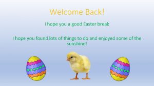 Welcome Back I hope you a good Easter