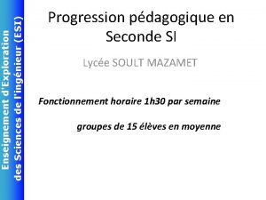 Enseignement dExploration des Sciences de lingnieur ESI Progression