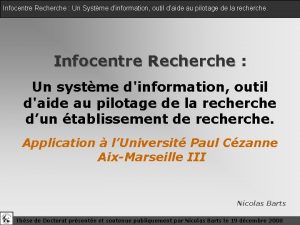 Infocentre Recherche Un Systme dinformation outil daide au