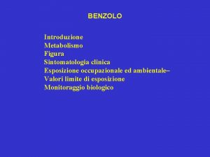 BENZOLO Introduzione Metabolismo Figura Sintomatologia clinica Esposizione occupazionale