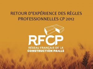 RETOUR DEXPRIENCE DES RGLES PROFESSIONNELLES CP 2012 SOMMAIRE