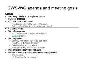 GWSWG agenda and meeting goals Agenda Summary of