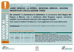 7 8 9 SETTEMBRE 2018 LINEE GENOVA LA