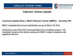 BUREAU OF VETERANS HOMES Veterans Homes Update Licensure