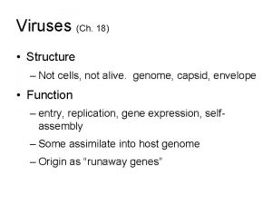 Viruses Ch 18 Structure Not cells not alive