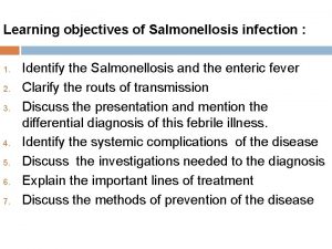 Learning objectives of Salmonellosis infection 1 2 3