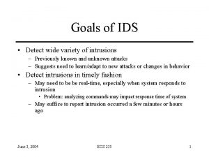 Goals of IDS Detect wide variety of intrusions