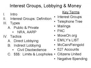 Interest Groups Lobbying Money I Intro II Interest