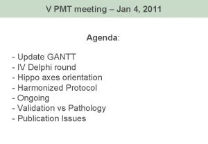 V PMT meeting Jan 4 2011 Agenda Update