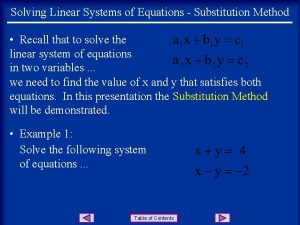 Solving Linear Systems of Equations Substitution Method Recall