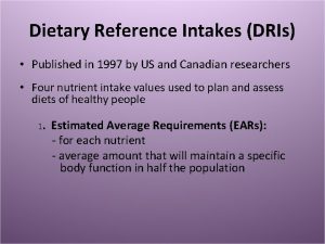 Dietary Reference Intakes DRIs Published in 1997 by