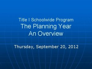 Title I Schoolwide Program The Planning Year An