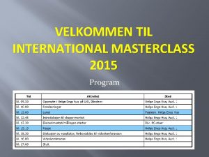 VELKOMMEN TIL INTERNATIONAL MASTERCLASS 2015 Program Videokonferansen kl