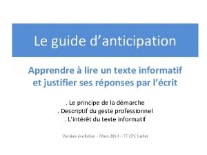 Le guide danticipation Apprendre lire un texte informatif