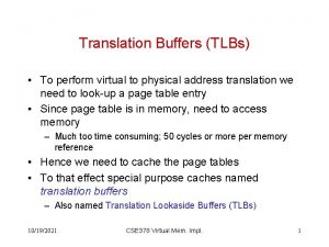 Translation Buffers TLBs To perform virtual to physical