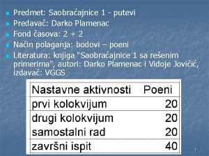 n n n Predmet Saobraajnice 1 putevi Predava