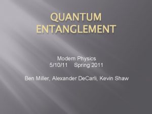 QUANTUM ENTANGLEMENT Modern Physics 51011 Spring 2011 Ben