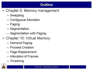 Outline Chapter 9 Memory management Swapping Contiguous Allocation