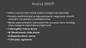 Analiza SWOT Jedna z popularnych metod analizy strategicznej