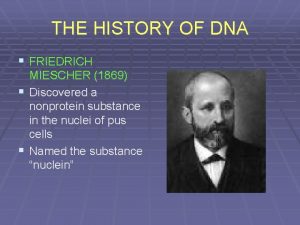 THE HISTORY OF DNA FRIEDRICH MIESCHER 1869 Discovered