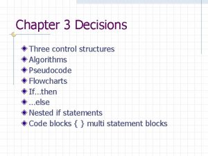 Chapter 3 Decisions Three control structures Algorithms Pseudocode